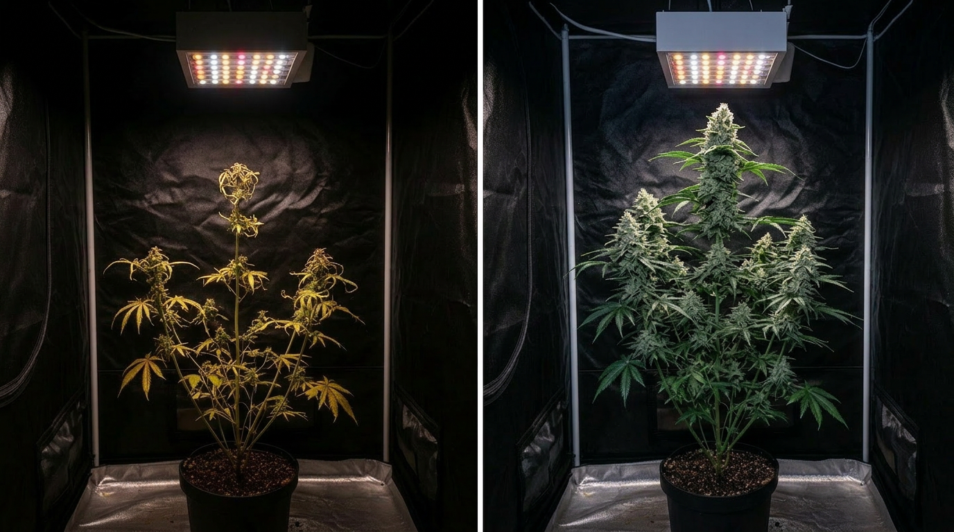 Before and after comparison of a weak cannabis plant vs a premium Harvest Club plant