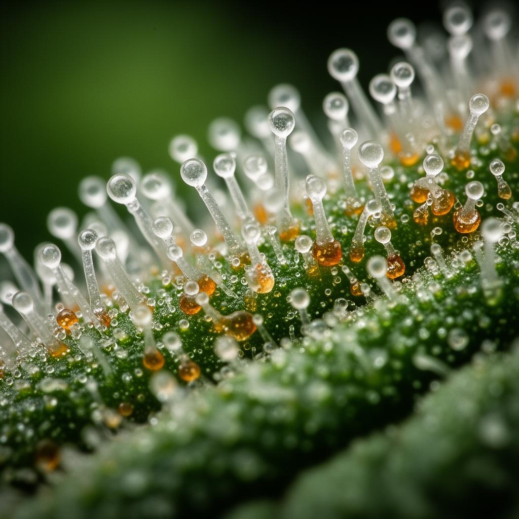 Macro of cannabis trichomes milky and amber resin glands